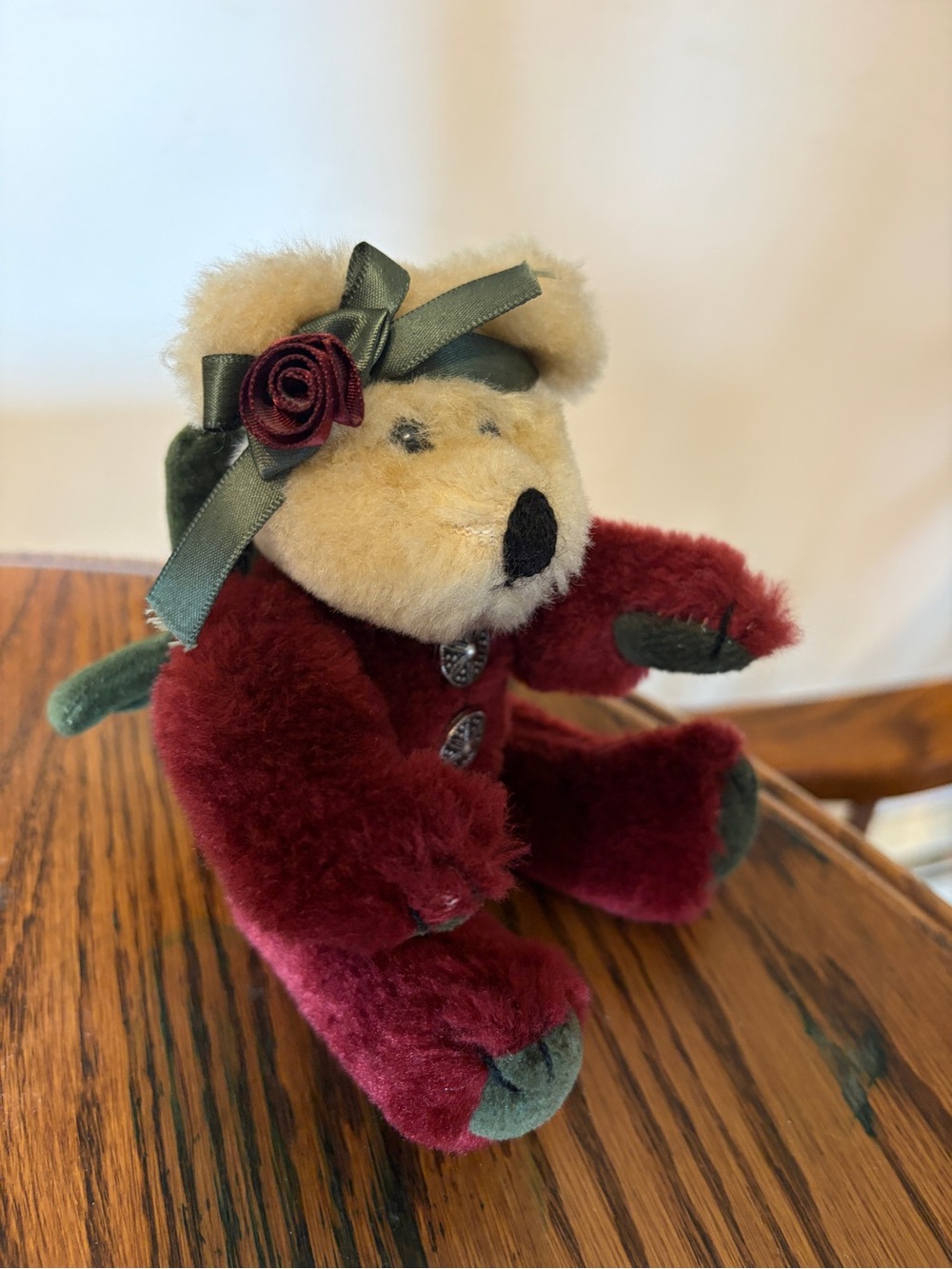 Boyds Bears Burgundy and Cream Plush Bear with Green Accents